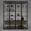 Modern Glass Door Display Cabinet Shelf With Metal Frame Multiple Shelves And Decorative Shells Coral