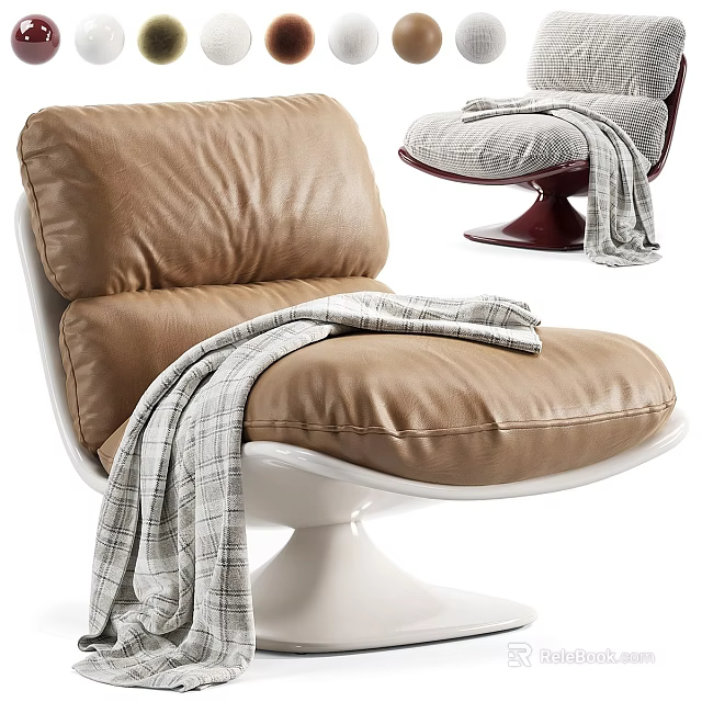 Brown Leather Single Sofa With Plaid Blanket And Modern White Base 3d model 