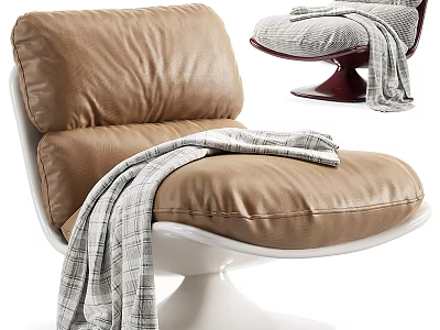 Brown Leather Single Sofa With Plaid Blanket And Modern White Base 3d model