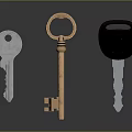 Set of Three Different Keys Including Blue Golden and Black Handled on Dark Surface