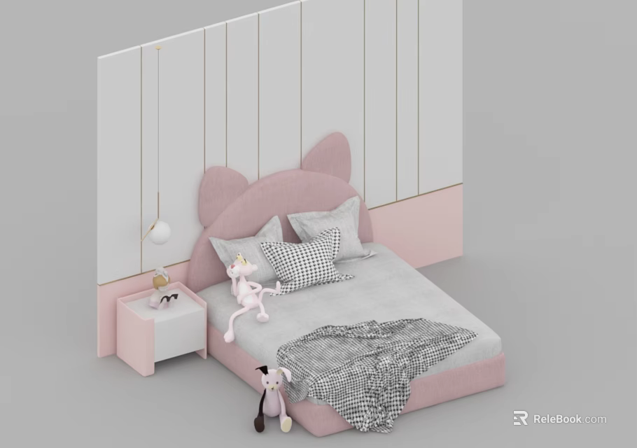 Pink Cat Ear Design Kids Bed with Gray Bedding Pink Nightstand and Unicorn Toy 3d model 