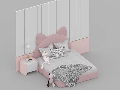 Pink Cat Ear Design Kids Bed with Gray Bedding Pink Nightstand and Unicorn Toy 3d model