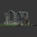 Ancient Stone Ruins Remains With Archway Windows And Green Grass Field