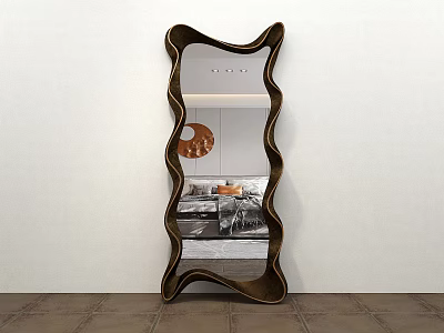 Unique Modern Decorative Mirror With Wavy Frame Reflecting Living Room Interior 3d model