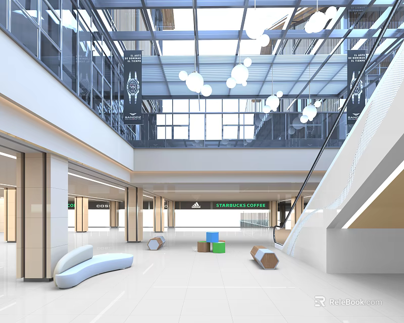 Spacious Modern Shopping Mall Lobby With Glass Ceiling Pendant Lights Staircase And Seating Area 3d model 