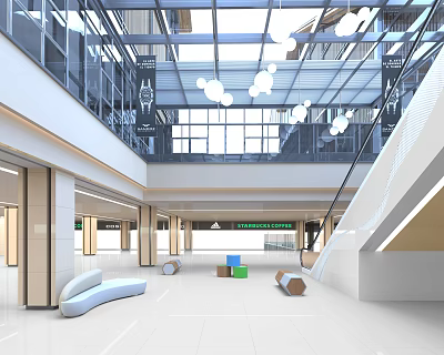 Spacious Modern Shopping Mall Lobby With Glass Ceiling Pendant Lights Staircase And Seating Area 3d model