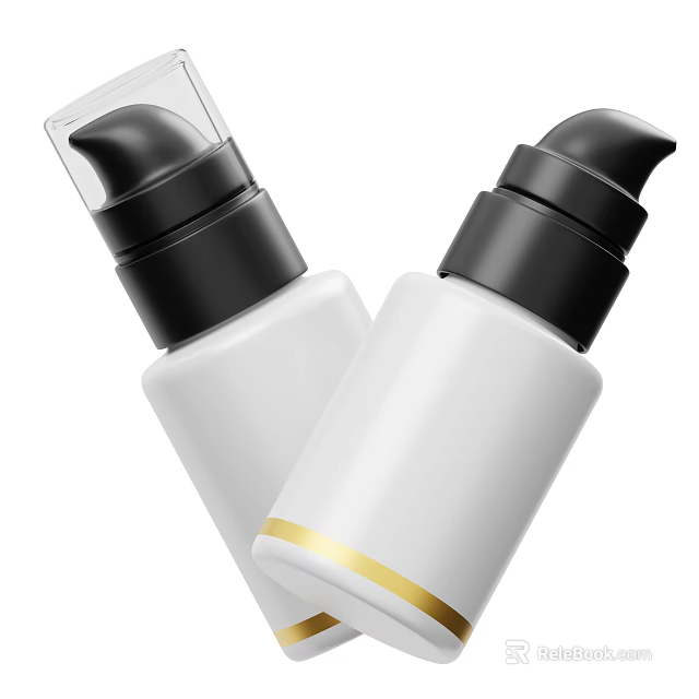 Elegant White Perfume Cosmetic Bottles With Black Pump Dispensers And Gold Stripe 3d model 