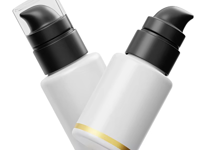 Elegant White Perfume Cosmetic Bottles With Black Pump Dispensers And Gold Stripe 3d model