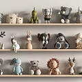 Plush Animal Toys Display On Wooden Shelves With Various Shapes And Soft Colors