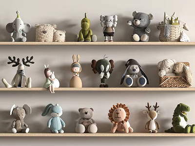 Plush Animal Toys Display On Wooden Shelves With Various Shapes And Soft Colors 3d model