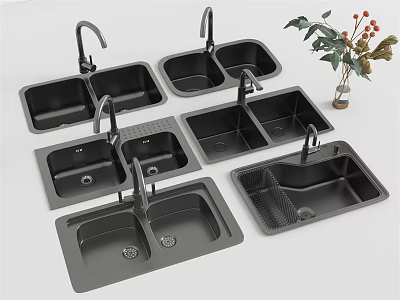 Black Kitchen Sinks Modern Design Double Bowl Faucets And Decorative Plant Vase 3d model