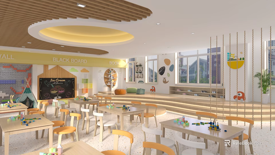 Bright And Spacious Kindergarten Interior With Tables Chairs And Decorations 3d model 