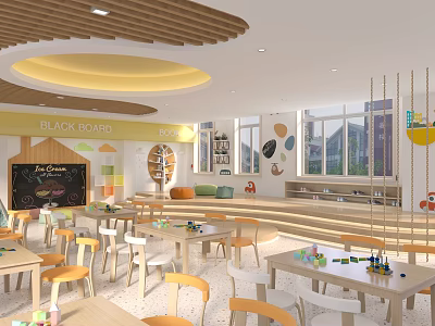 Bright And Spacious Kindergarten Interior With Tables Chairs And Decorations 3d model