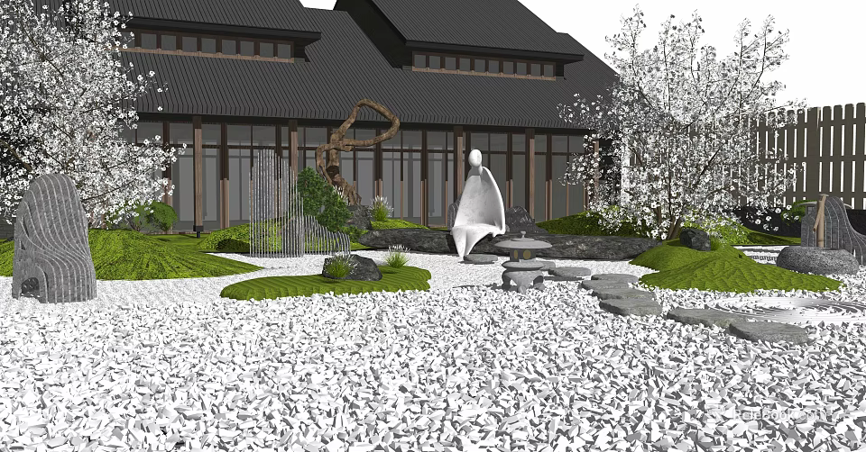 Karesansui Dry Landscape Garden With White Gravel Raked Patterns Stones And Traditional Japanese Building 3d model 