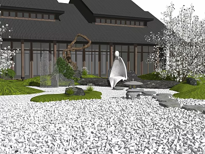 Karesansui Dry Landscape Garden With White Gravel Raked Patterns Stones And Traditional Japanese Building 3d model