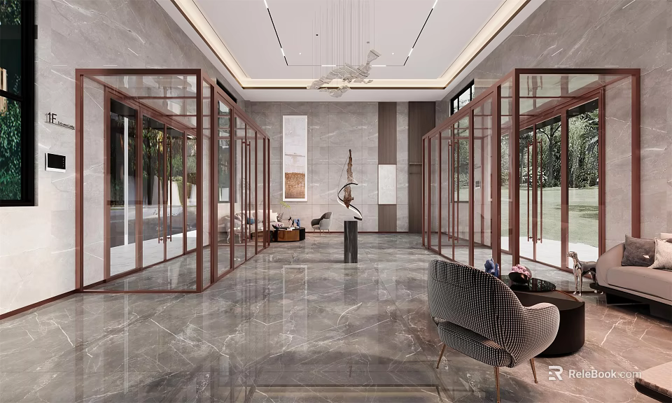 Modern Hotel Lobby Interior Design With Glass Doors Marble Floor And Chandelier 3d model 