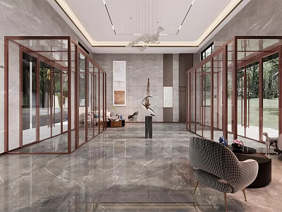 Modern Hotel Lobby Interior Design With Glass Doors Marble Floor And Chandelier 3d model