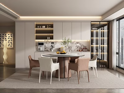 Modern Restaurant Interior Featuring Round Dining Table Marble Counter Chairs And Wine Cabinet 3d model
