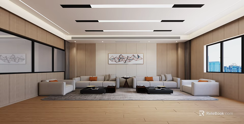 Modern Front Desk Reception Area With Wooden Walls Sofas And Decorative Painting 3d model 