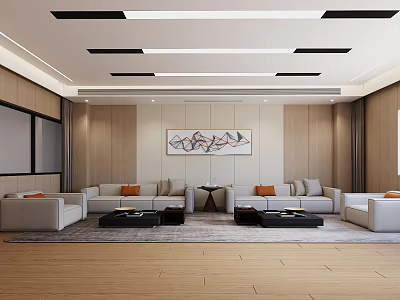 Modern Front Desk Reception Area With Wooden Walls Sofas And Decorative Painting 3d model