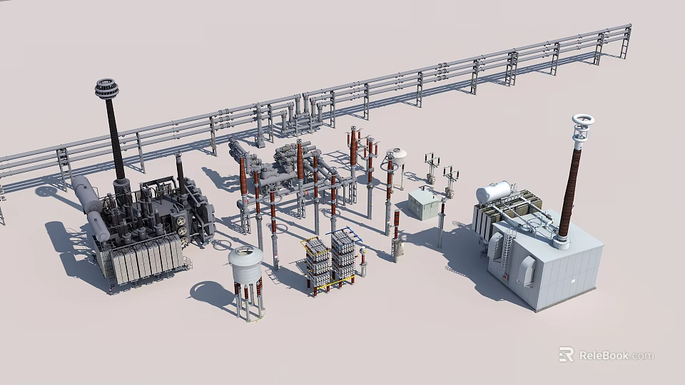 Industrial High Voltage Equipment Facility with Transformers Switchgear and Metal Structures 3d model 