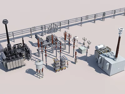Industrial High Voltage Equipment Facility with Transformers Switchgear and Metal Structures 3d model