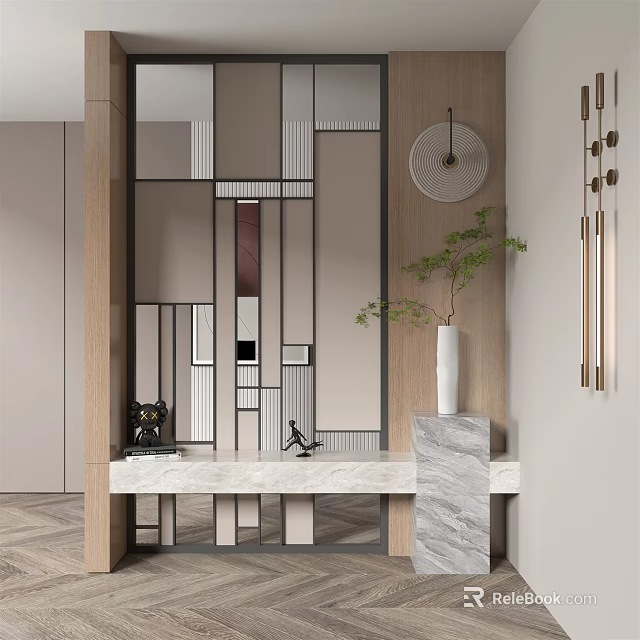 Modern Entryway Hallway Interior Design With Geometric Mirror Marble Countertop And Green Plant 3d model 