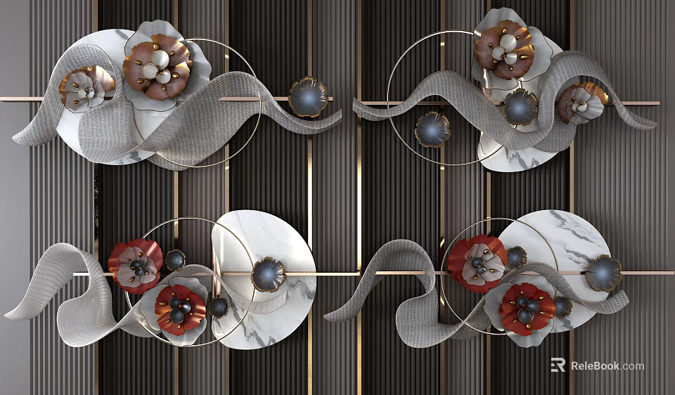Modern Luxury Wall Decor Featuring Floral Metal Frame Marble Accents Red Flowers And Gray Curves 3d model 