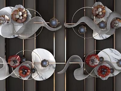 Modern Luxury Wall Decor Featuring Floral Metal Frame Marble Accents Red Flowers And Gray Curves 3d model
