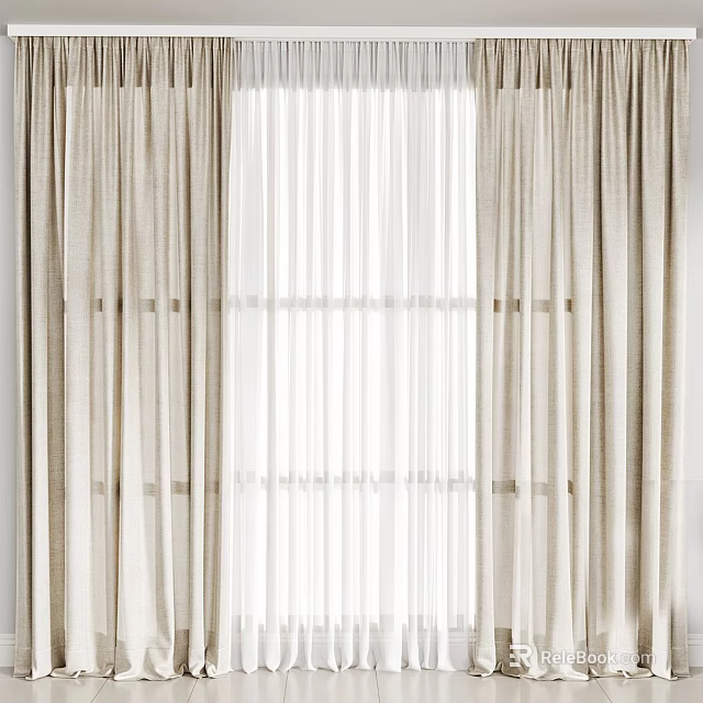 Beige Layered Curtains with Sheer Panels for Modern Living Room 3d model 