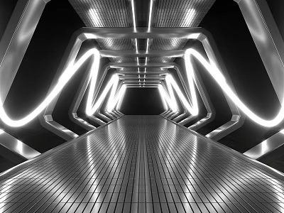 Cartoon Scene of Futuristic Metallic Corridor With Glowing Neon Lines Symmetric Walls And Reflective Floor 3d model