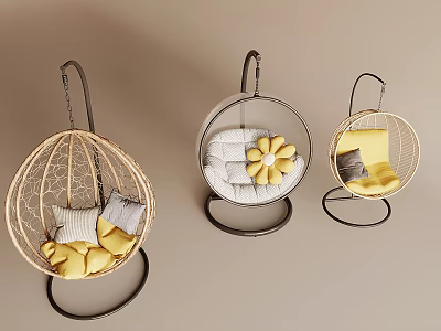 Modern Hanging Chairs with Rattan Metal Frame and Yellow Gray White Cushions 3d model