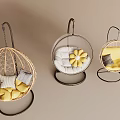 Modern Hanging Chairs with Rattan Metal Frame and Yellow Gray White Cushions