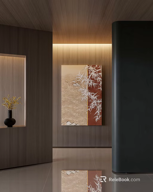 Modern Plant Painting With Bamboo Pattern On Wooden Wall Interior Decor 3d model