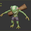 Green Reptile Character With Rolled Object On Back Wearing Blue Shorts In Standing Posture