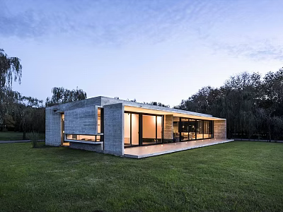 Modern Detached Villa With Concrete Exterior Large Glass Windows And Green Grassland 3d model