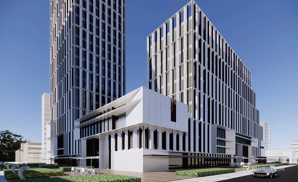 Modern Office Building With Glass Facade And Tall Structure In Greenery Surrounding Area 3d model 