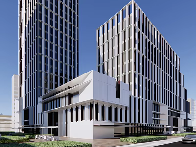 Modern Office Building With Glass Facade And Tall Structure In Greenery Surrounding Area 3d model
