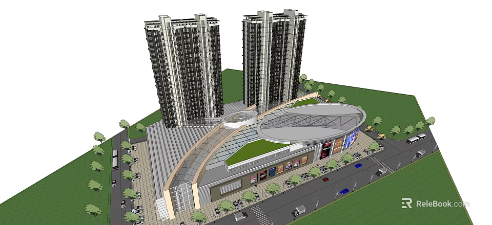 Tall Modern Office Buildings With Commercial Complex Green Spaces And Road 3d model 