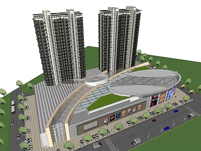 Tall Modern Office Buildings With Commercial Complex Green Spaces And Road 3d model
