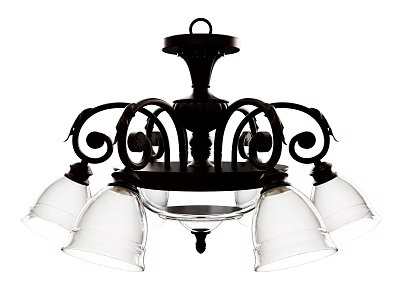 Vintage Black Metal Chandelier With Ornate Scrollwork And Clear Glass Shades 3d model