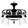 Vintage Black Metal Chandelier With Ornate Scrollwork And Clear Glass Shades