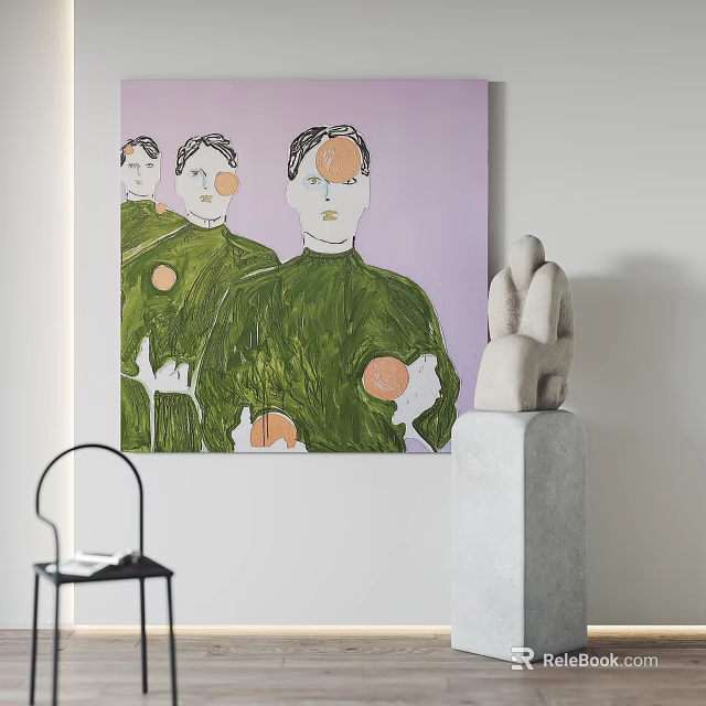 Portrait Painting With Purple Background Green Clothing Orange Circles On Interior Wall And Gray Sculpture 3d model 