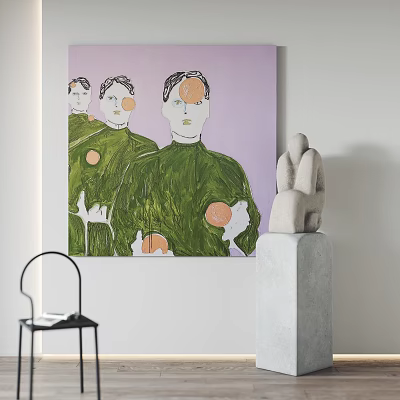 Portrait Painting With Purple Background Green Clothing Orange Circles On Interior Wall And Gray Sculpture 3d model