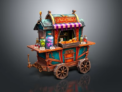 Vintage Colorful Mobile Food Cart With Striped Awning Juicy Delights Bottled Drinks And Fresh Fruits 3d model