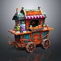 Vintage Colorful Mobile Food Cart With Striped Awning Juicy Delights Bottled Drinks And Fresh Fruits