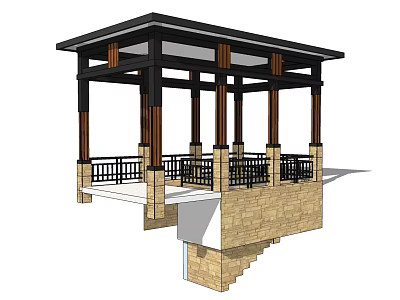 Garden Landscape With Traditional Pavilion Black Roof Wooden Columns Stone Base And Railing 3d model