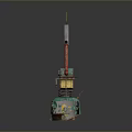 Turquoise Mechanical 3D Structure With Red Pipe Yellow Circular Elements And Sign