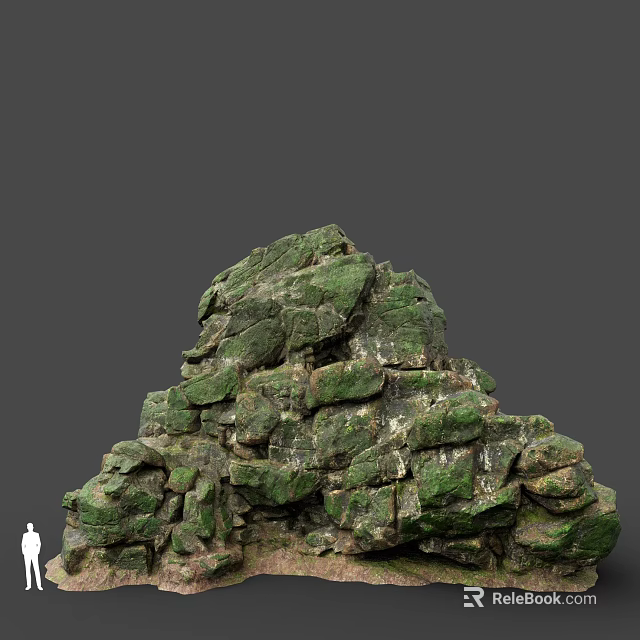 Natural Rock Formation Covered With Green Moss And Rough Stone Layers 3d model 