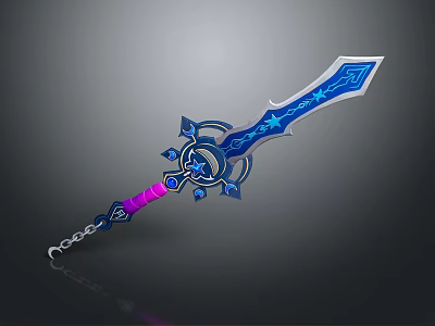 Fantasy Decorative Sword With Blue Purple Accents Star Patterns And Chain 3d model